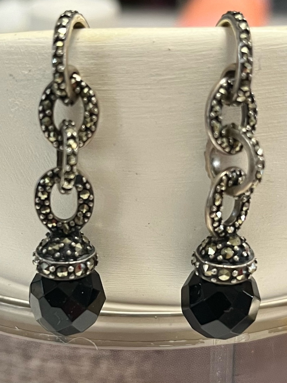 Marcasite Drop Earrings with Black Faceted Beads